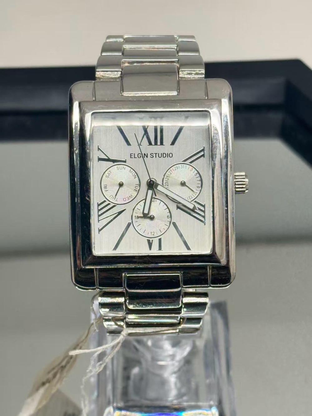 Elgin Studio Silver Tone Rectangle Day Date Quartz Men Watch New Battery Runs